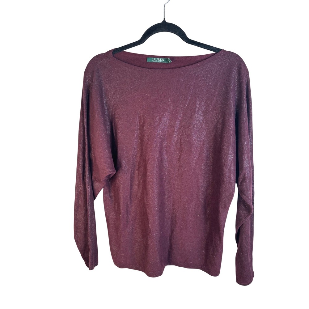 Lauren Ralph Lauren Women's Burgundy Metallic Dolman Sleeve Boat Neck Top Medium